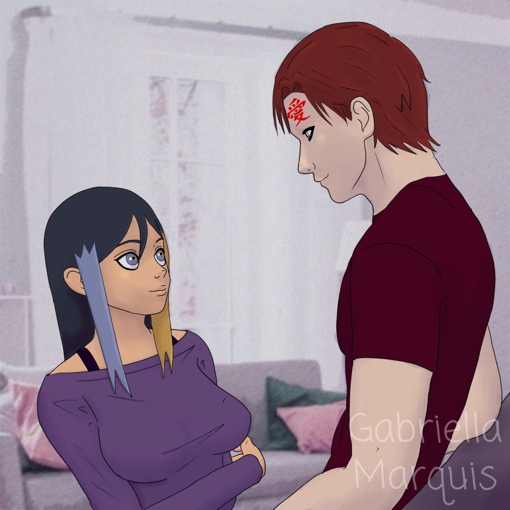 Gaara from Naruto, having a romantic / flirty moment with the artists' OC, Kuumi.