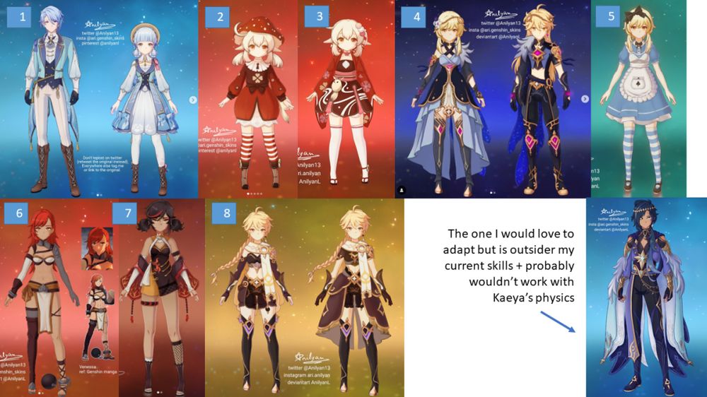 Examples of old 2D skins. Credits for designs adapted from other fan's works are in the og posts