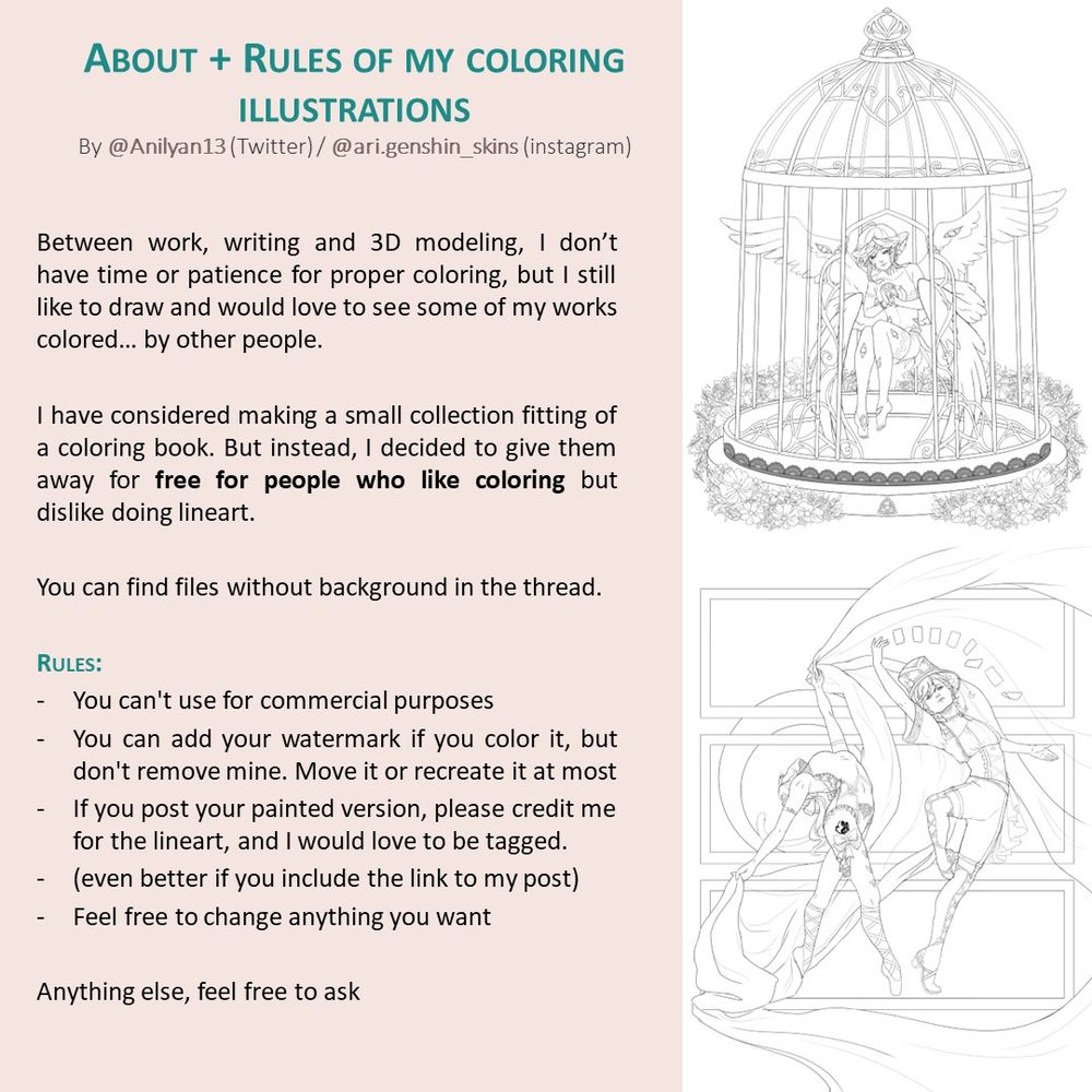 Examples and terms for lineart works that I make available for people to color, for free