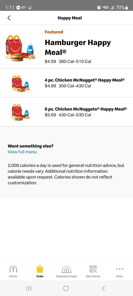 McDonald's happy meal menu