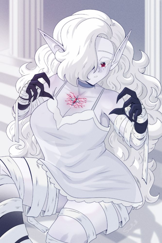 Illustration of a vampire woman observing bandages on her claw-like arms. The image is in a limited blueish-white palette with splashes of red from the woman's eye and scarring on her chest.