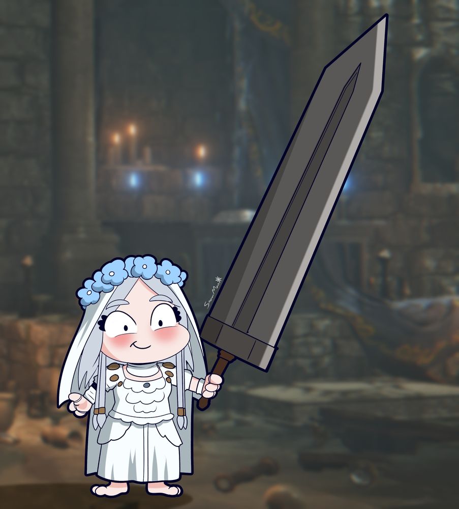 The Revenant from Elden Ring Nightreign drawn as a cartoony little girl smiling and wielding a hilariously large sword twice her size
