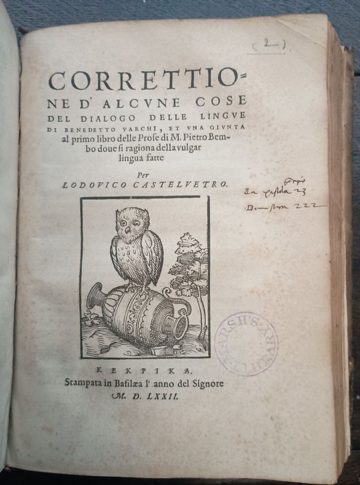 Title page with woodcut of owl on an overturned vase