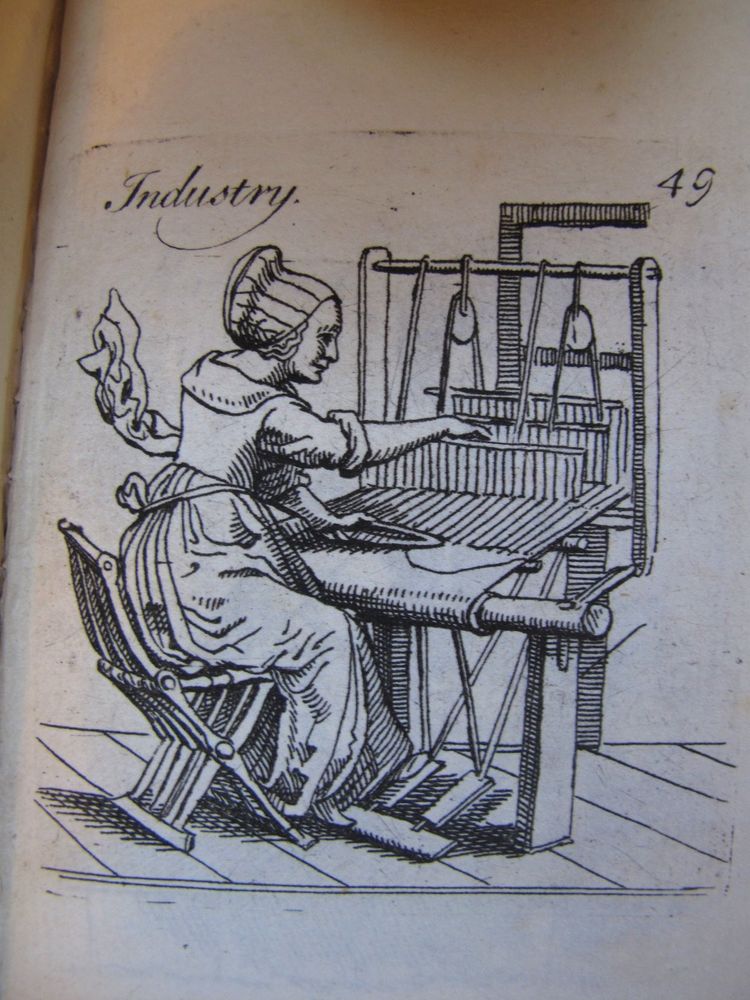 engraving of a woman sitting at a loom from a 1725 edition of In praise of folly