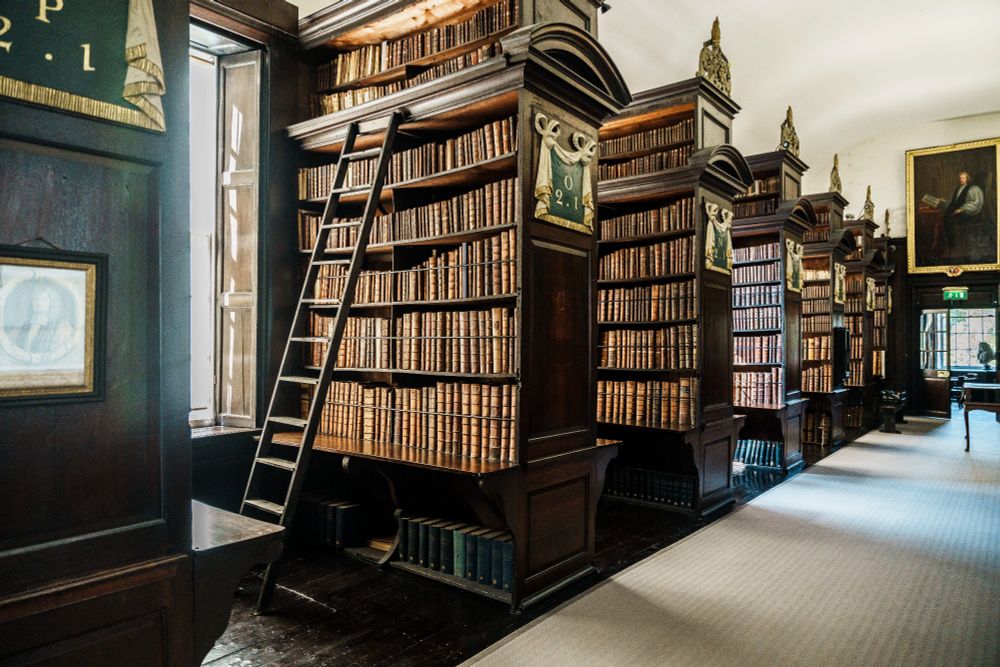 Interior of Marsh's Library showing shelves with books and portrait at hte end