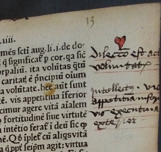 Detail from 'Praeceptorium divinae legis, sive expositio decalogi' by Johannes Nider showing portion of the text with marginal annotations, including a heart coloured in red