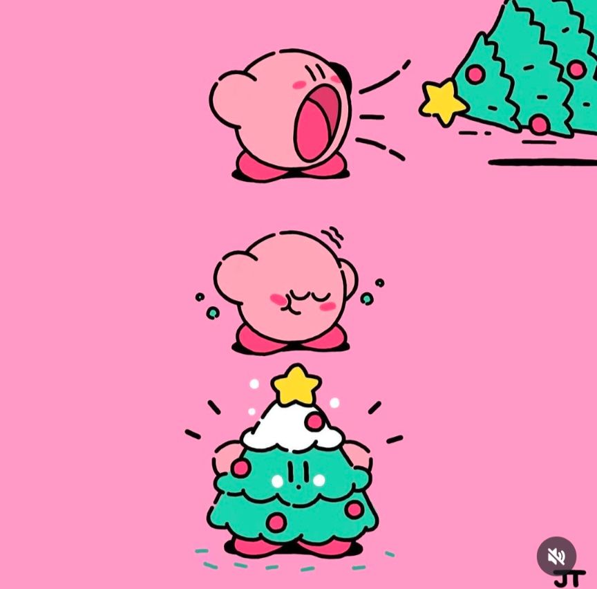 An illustration of Kirby sucking in a Christmas tree and becoming a ChrisKirby Tree