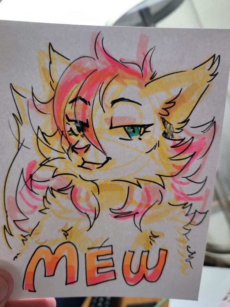 Doodle of a cat furry
Text at the bottom reads "Mew"