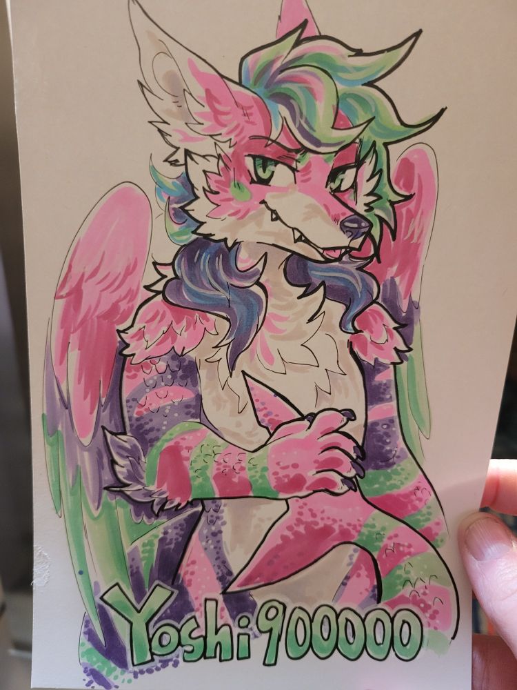A Copic marker illustration of a Sparkle dog furry
Text at the bottom reads "Yoshi 900000"