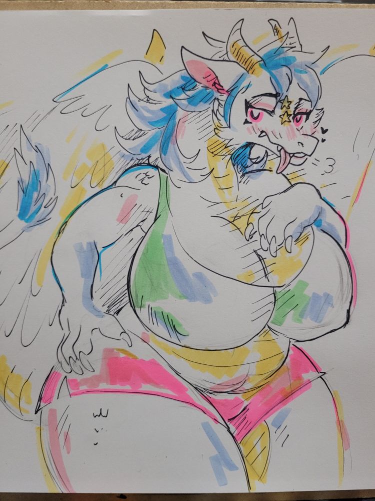 An anthro dragoness as wide as she is tall with tits to match. She is white and fluffy with feathered wings. She is wearing a sports bra that cannot contain her and short-shorts