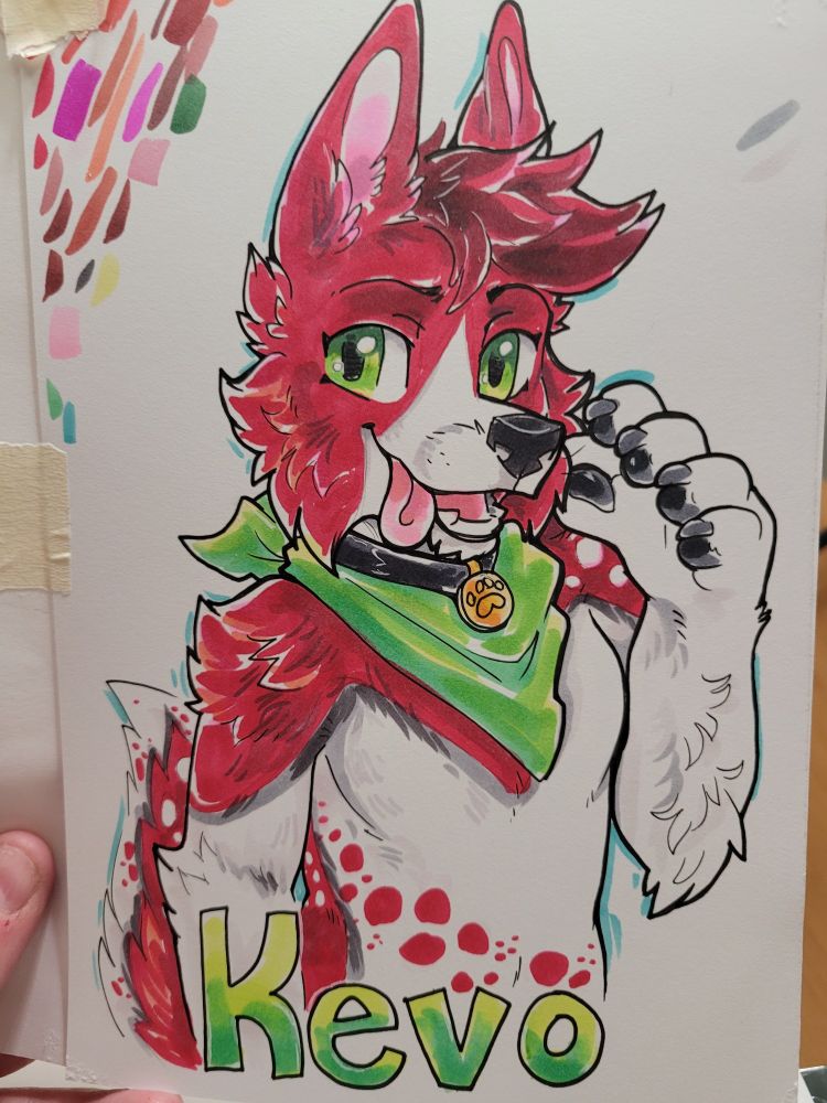 A Copic marker illustration of a red canine furry. The text at the bottom reads "Kevo"