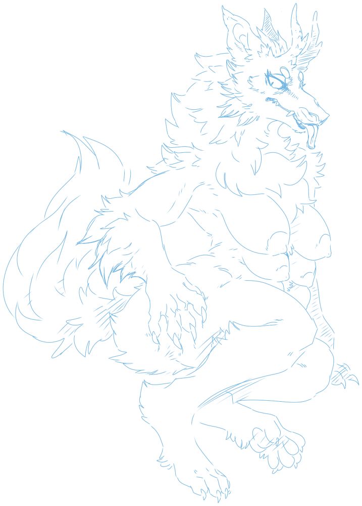 Blue sketch of a humanoid or anthropomorphic monster woman