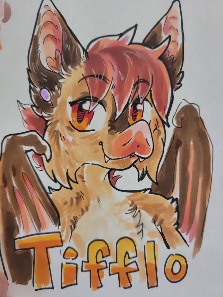 Copic marker illustration of a bat furry
Text at the bottom reads "Tifflo"
