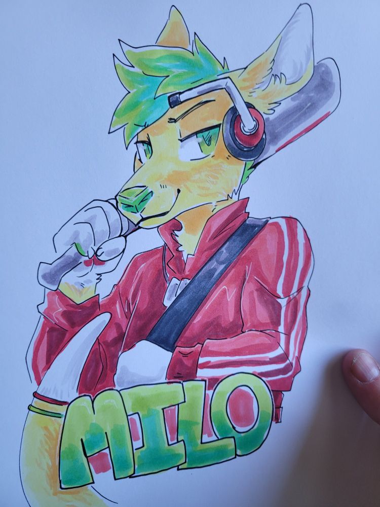 A Copic marker illustration of a kangaroo furry holding a baseball bat
Text at the bottom reads "Milo"