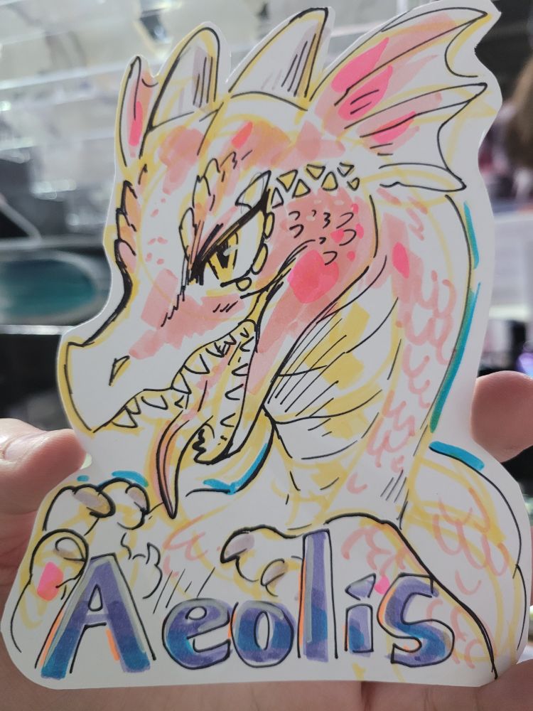 Doodle of a dragon furry
Text at the bottom reads "Aeolis"