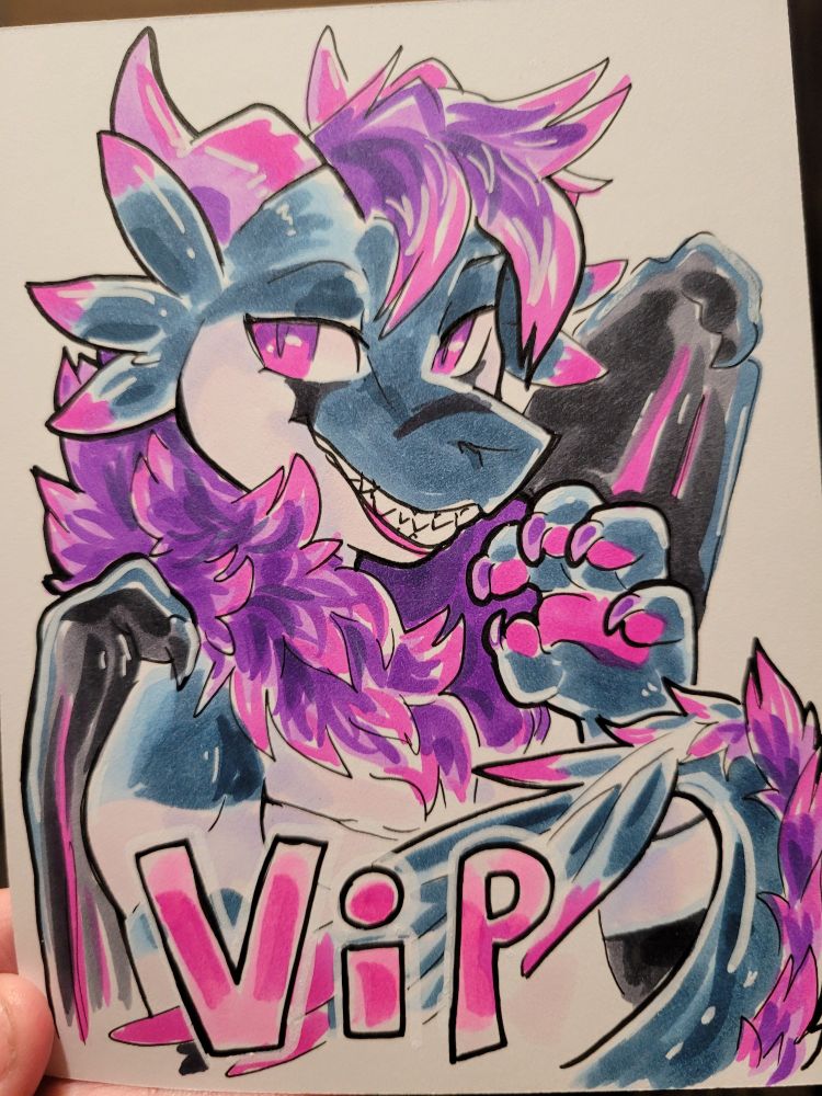 Copic marker illustration of a dragon furry
Text at the bottom reads "Vip"