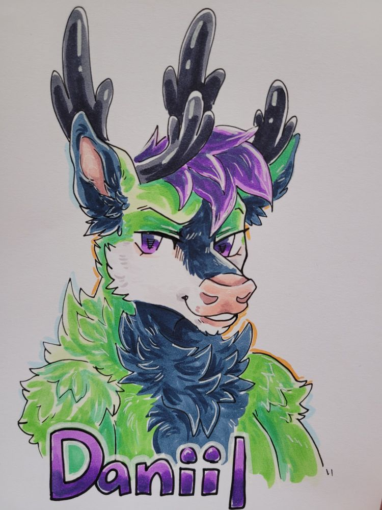 Copic marker illustration of a caribou furry
Text at the bottom reads "Daniil"