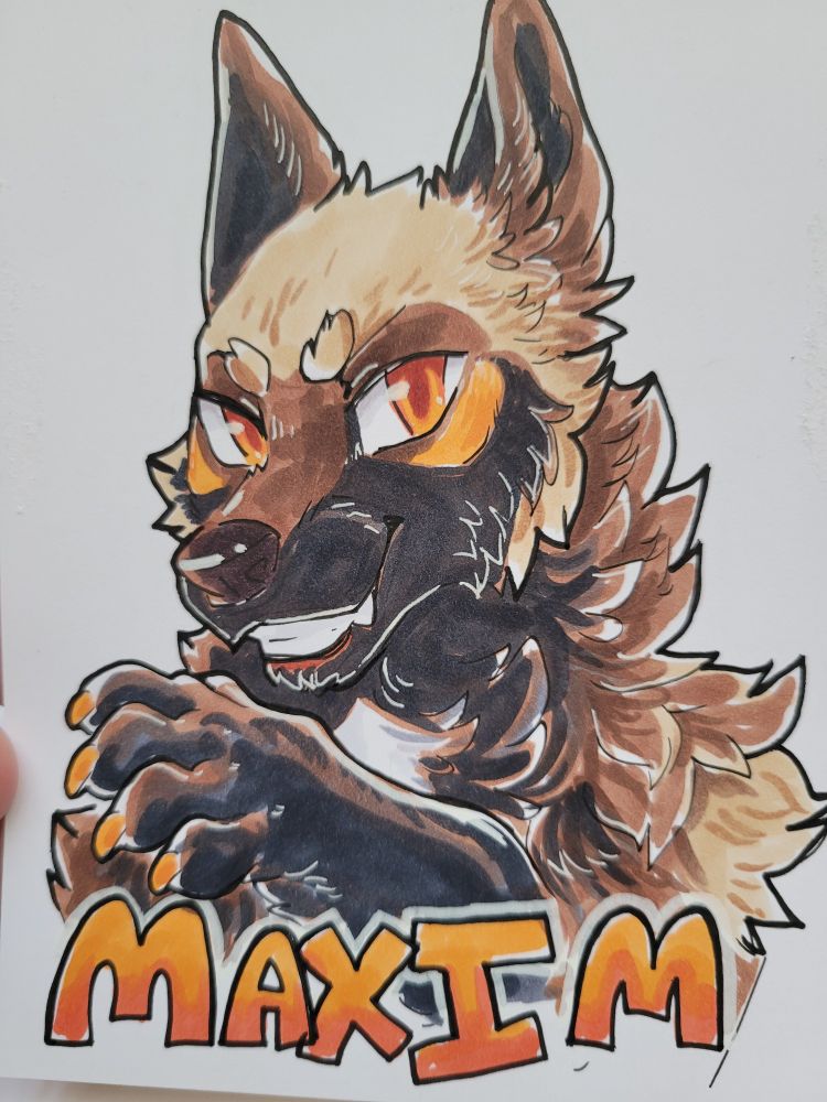 Copic marker illustration of a canine furry
Text at the bottom reads "maxim"