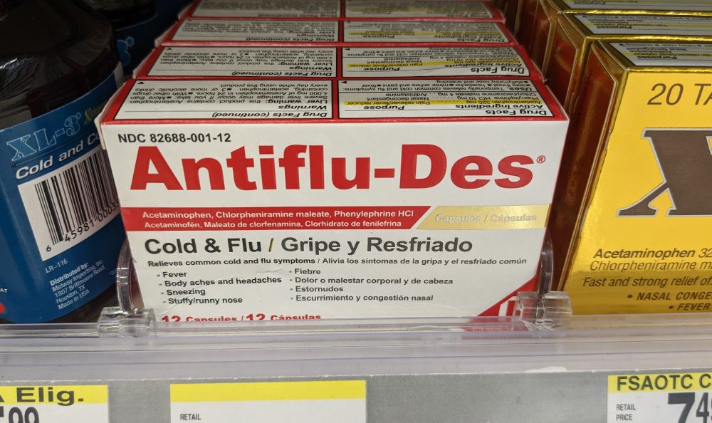 The medicine says "antiflu-des" in big red letters 