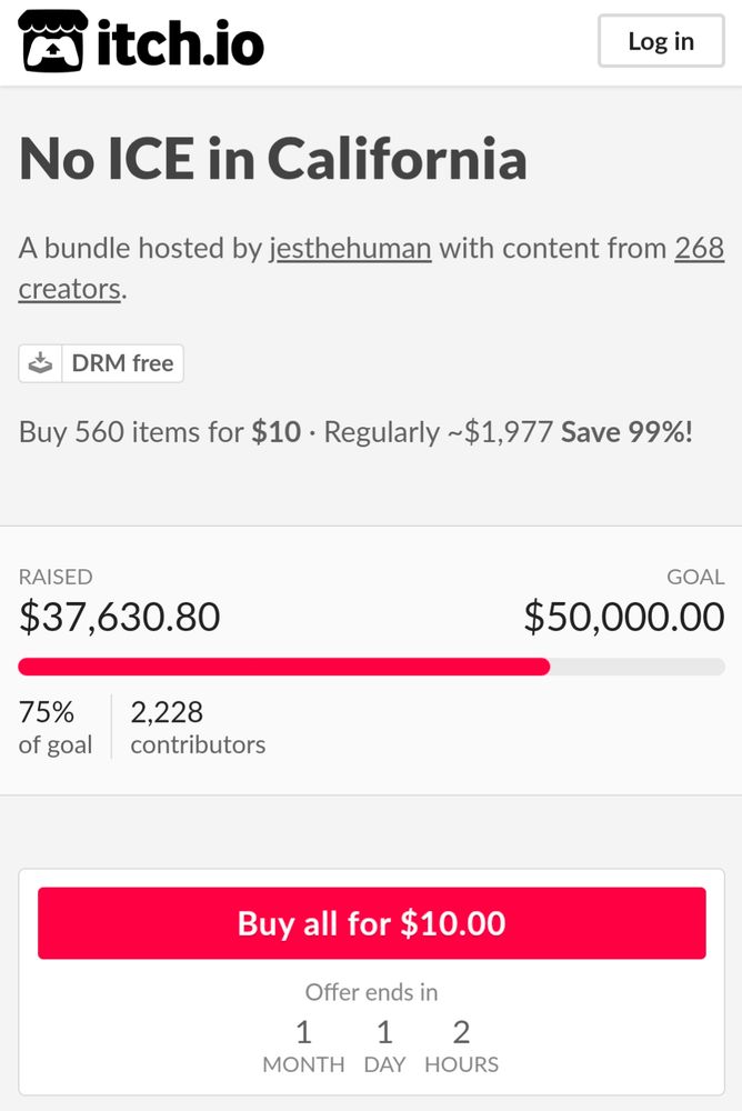 A screenshot of the no ice in California front page bundle showing it has made $37, 630 of its $50k goal