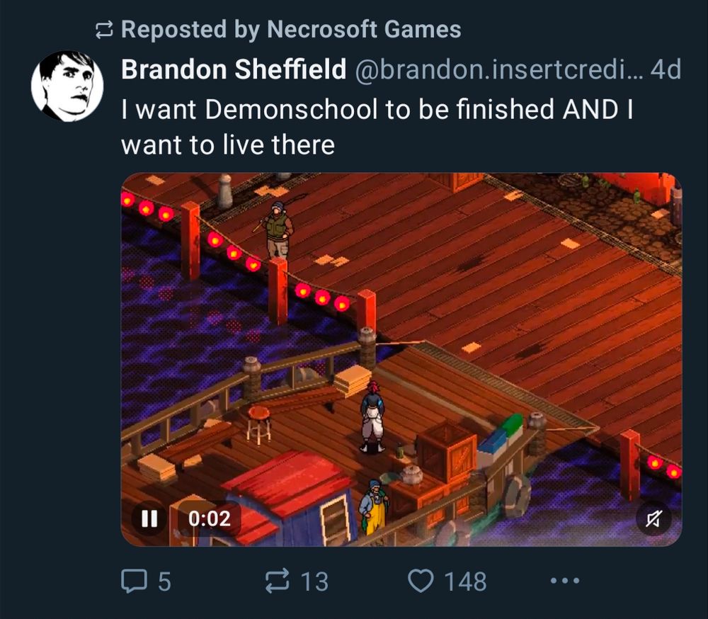 Screenshot of a post from me in which I shared a gif of the harbor in Demonschool with the ferry docked, in which the ferry bobs up and down and it generally looks chill with lights in the rails, brown wood, and a calm vibe. The text says "I want demonschool to be finished AND I want to live there" 