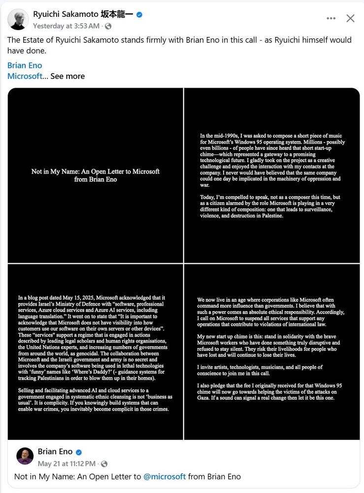 A screenshot of the estate of Ryuichi Sakamoto tweeting: "The estate of Ryuichi Sakamoto stands firmly with Brian Eno in this call - as Ryuichi himself would have done." 