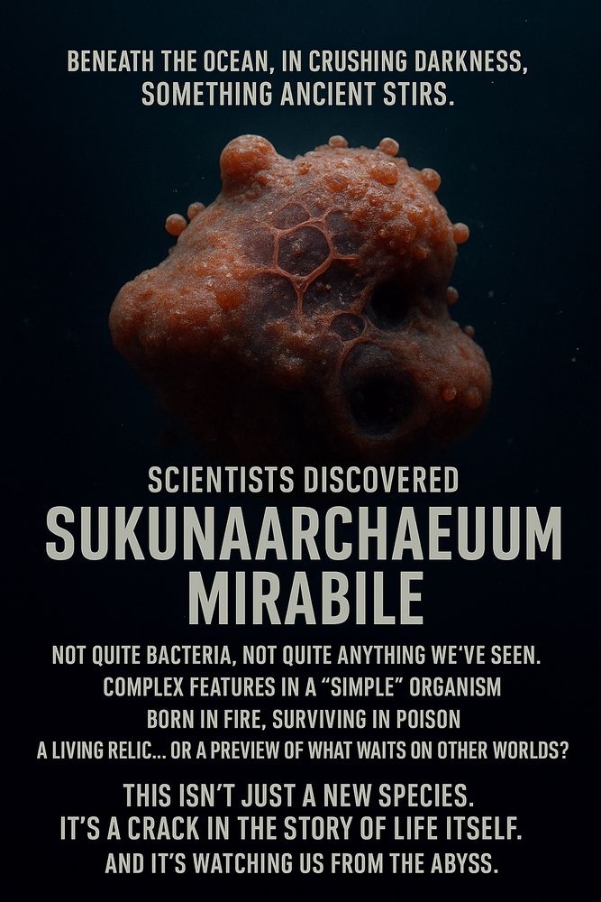 In the darkest depths of the ocean, scientists just found something… ancient.

🦠 Sukunaarchaeum mirabile
A microbe so bizarre, it defies everything we thought we knew about life.

🪐 Halfway between bacteria and us
🔥 Thriving in boiling, toxic vents
🧬 Holding secrets of our deepest origins
👁️ Like a glimpse into life’s first spark—or its alien cousins

It’s not just alive.
It’s primordial.
And it changes the game.