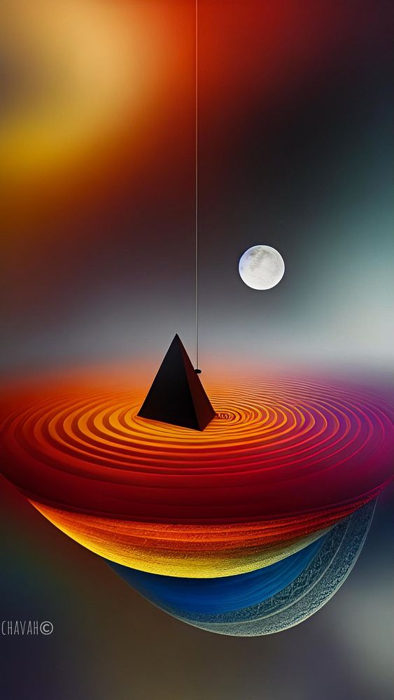 At the edge of a forgotten cosmos, a lone pyramid hung by a single thread above a pool of rippling light. It was said to be the heart of an ancient dream—suspended between creation and collapse. Below, the colors of memory swirled like a galaxy in mourning, while the moon watched silently, bearing witness to the moment time dared to hold still.