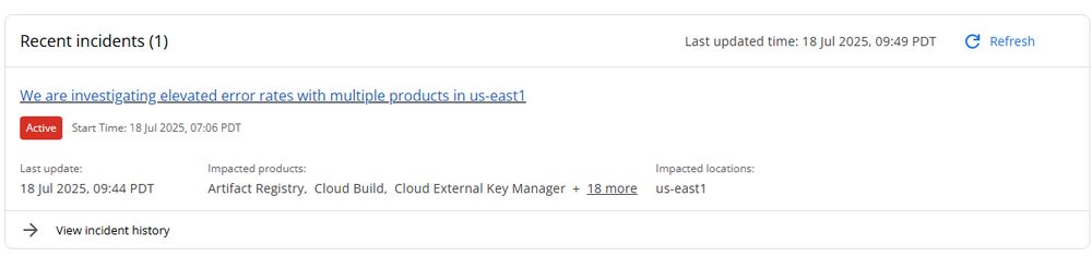 A screenshot of status.cloud.google.com showing an active incident involving the us-east1 AWS instance.
