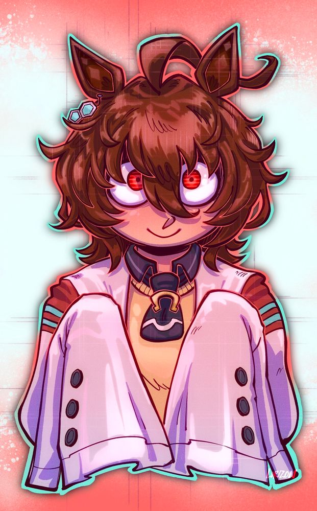 A digital drawing of mad scientist horsegirl Agnes Tachyon from the Umamusume franchise. She has messy brown hair and a large lab coat with sleeves that stretch down past her hands.