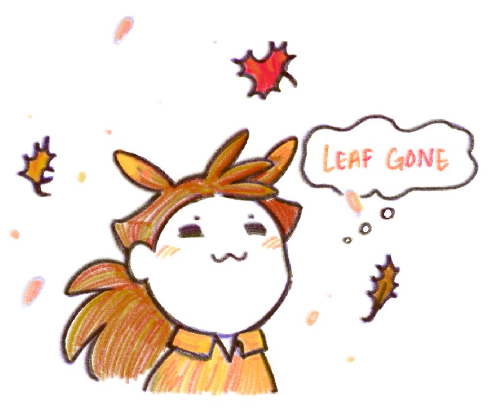 a digital doodle of Lumen looking content, thinking “leaf gone” in a fall palette as some leaves float around