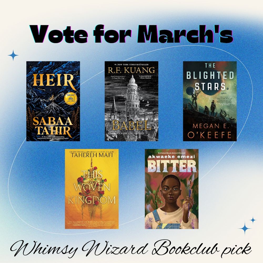 Blue and white background slide. Text says Vote for March's Whimsy Wizard Bookclub pick. The 5 books listed are Heir, Babel, The Blighted Stars, This Woven Kingdom, and Bitter