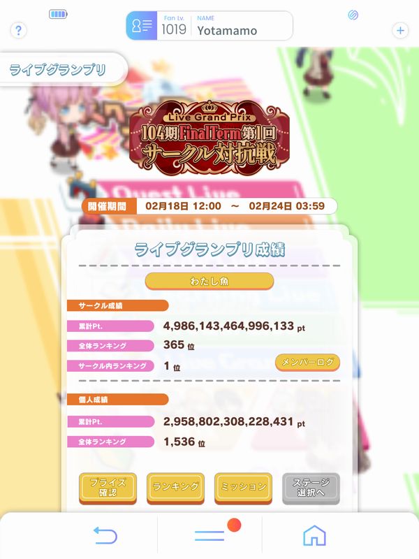 スマホ用アプリ「Link! Like! LoveLive!」
ライブグランプリ　104 期 Final Term 第 1 回サークル対抗戦　結果
個人成績　1536 位