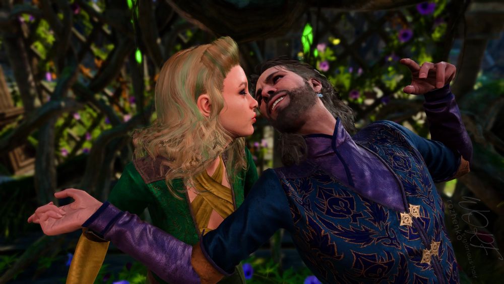 [Continuation of the scene from the pictures before] Gale is still leaning back, arms spread and laughs, carefree and radiant. Tav leans in to playfully kiss him with closed eyes.

They stand in front of an overgrown fence with green and golden light specks, fireflies, flowers and mossy, gnarly trees.

Gale wears the solemnity outfit in purple, Tav wears the same outfit in green and golden.

Tav is a white human with medium length, curly ginger hair with green highlights and victory rolls.