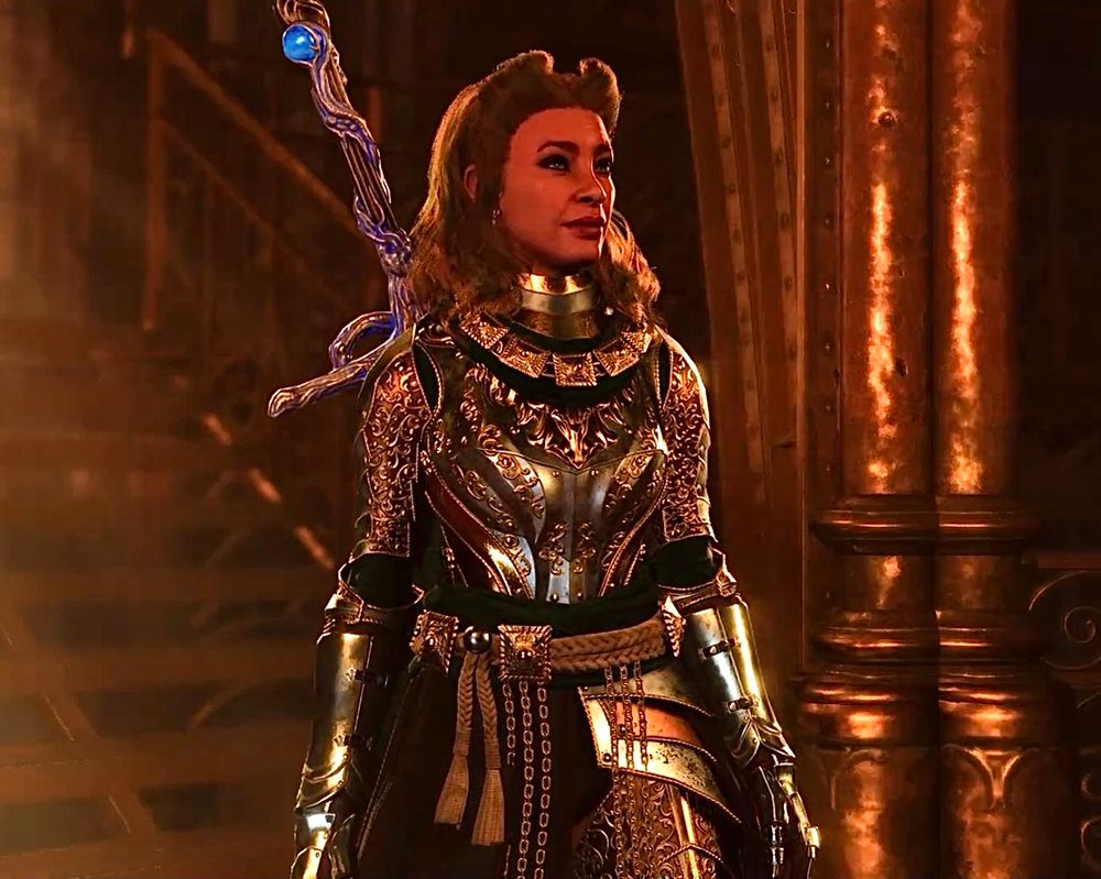 Paladin!Tav is surrounded by sunlight and glitters righteously 

Tav wears a green golden plate armour +2, the gloves of heroism in the same colours.

Tav is a white human with medium length curly ginger hair, green highlights and victory rolls