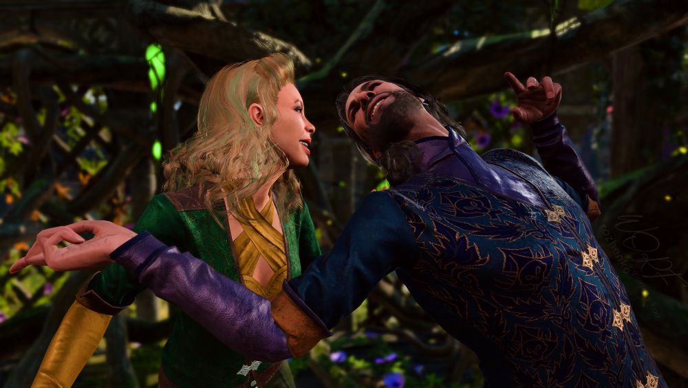 [Continuation of the scene from the picture before] Gale is still leaning back, arms spread and laughs, carefree and radiant. Tav stepped closer towards Gale, leaning in with a big grin themself.

They stand in front of an overgrown fence with green and golden light specks, fireflies, flowers and mossy, gnarly trees.

Gale wears the solemnity outfit in purple, Tav wears the same outfit in green and golden.

Tav is a white human with medium length, curly ginger hair with green highlights and victory rolls.