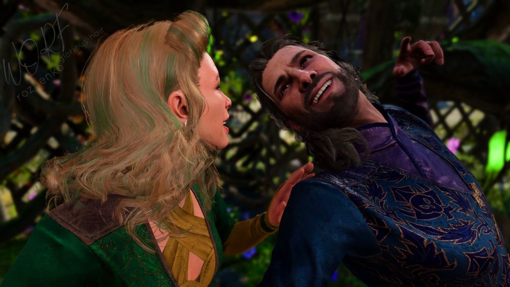 [Continuation of the scene from the pictures before] Gale is still leaning back, arms spread and laughs, carefree and radiant. His face is in focus. Tav stepped closer towards Gale, leaning in with a big grin themself, letting their hand rest on the back of his shoulder.

They stand in front of an overgrown fence with green and golden light specks, fireflies, flowers and mossy, gnarly trees.

Gale wears the solemnity outfit in purple, Tav wears the same outfit in green and golden.

Tav is a white human with medium length, curly ginger hair with green highlights and victory rolls.