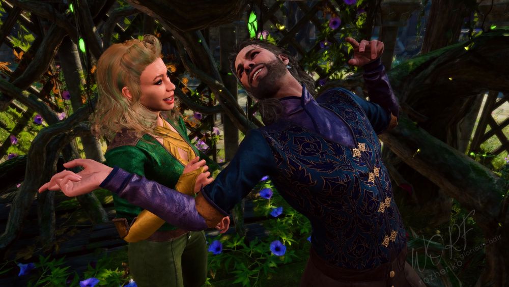Tav and Gale are playful together. Gale leans back, arms spread and laughs, carefree and radiant. Tav watches him amused.

They stand in front of an overgrown fence with green and golden light specks, fireflies, flowers and mossy, gnarly trees.

Gale wears the solemnity outfit in purple, Tav wears the same outfit in green and golden.

Tav is a white human with medium length, curly ginger hair with green highlights and victory rolls.