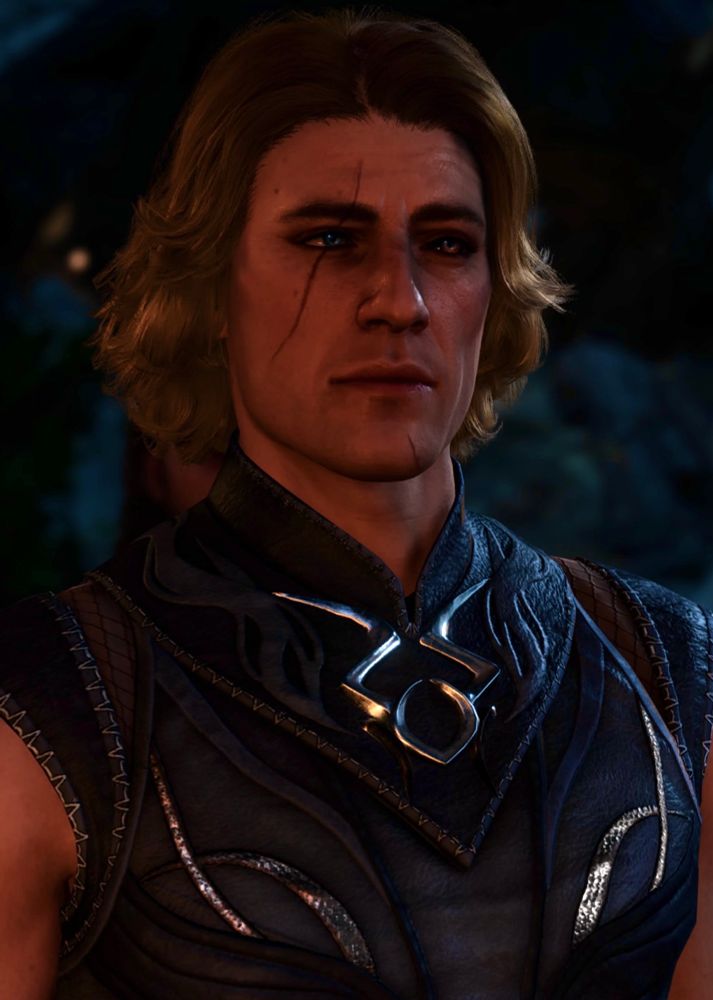 Portrait of Tavakin, a white, male human with dark blond/ginger curly-wavy medium long hair down to his neck, a long scar over his right eye. One eye is blue, the other is orange with a black sclera.

He wears Shadowheart’s camp clothes 