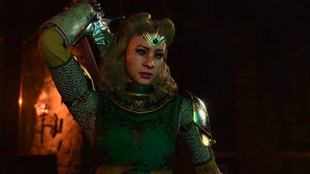 Paladin!Tav draws their sword 

Tav wears a green golden silver chain mail heavy armour with a green surcoat and a crown like headband in the same colours.
they wear Zevlor’s gloves (the Hellrider’s pride gloves) and have a little dirt on their face.

Tav is a white human with medium length curly ginger hair, green highlights and victory rolls