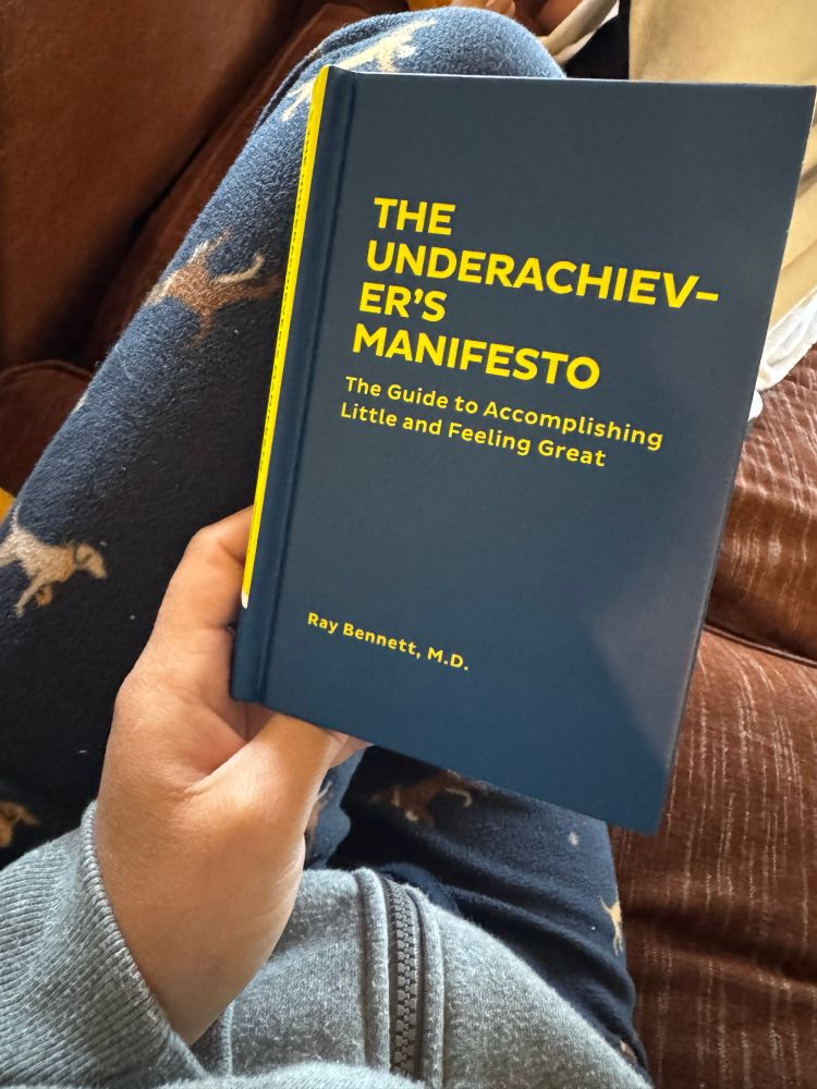 pictured the cover of the book: the underachievers manifesto, the guide to accomplishing little and feeling great by ray bennet md