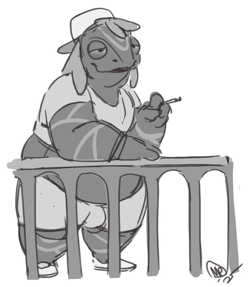 A fat Ziggy Bortnite leaning against some railing while enjoying a blunt