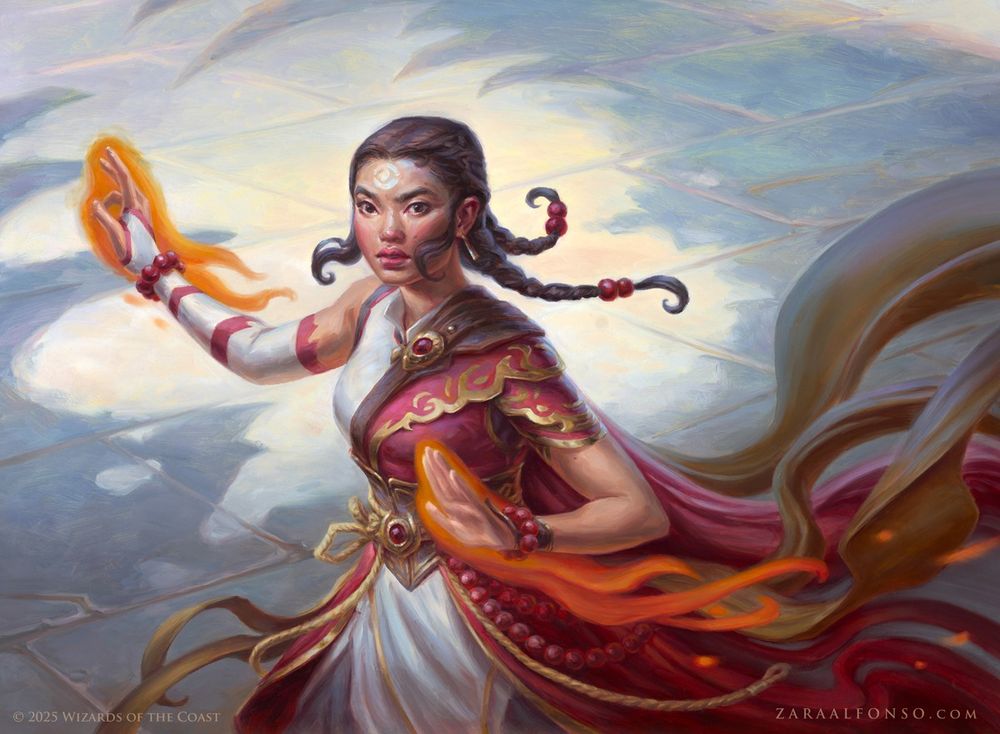 "Sunset Strikemaster” is a painting by the artist Zara Alfonso, done for the Magic: The Gathering Tarkir: Dragonstorm. A young monk stands in a battle stance, silhoutted by the shadow of a giant dragon's maw, jagged teeth encroaching on her form. Her hands are aglow with flowing fiery magic and the fabric of her ornate robes curl and flow in the wind.