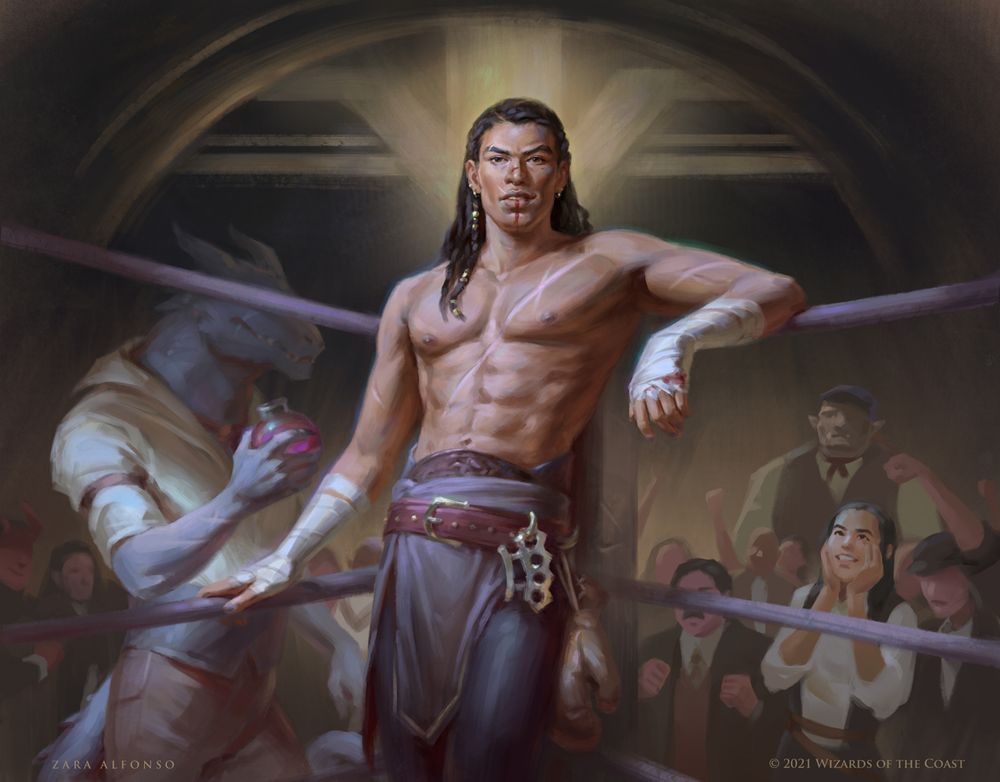 “Tenacious Underdog” is a painting by the artist Zara Alfonso, done for the Magic: The Gathering Streets of New Capenna set. A boxer lounges over the corner of the ring, he’s bruised but grinning as a figure from the cheering crowd hands him a glass potion bottle filled with red liquid.