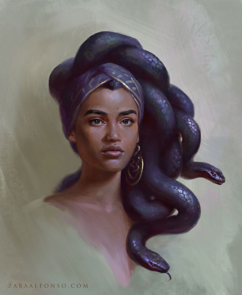 “Medusa Portrait” is a portrait painted by the artist Zara Alfonso. A portrait of a young Medusa who looks peacefully towards the viewer, her hair is flowing mass of thick iridescent dark indigo snakes tied up in a head wrap.