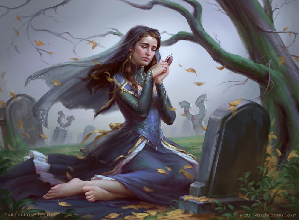 “Bereaved Survivor” is a painting by the artist Zara Alfonso, done for the Magic: The Gathering Innistrad Midnight Hunt set. A young girl from Innistrad mourns in front of the grave of her late sister, in her hand she clutches a locket. It’s late autumn and the weather is overcast and gray, on the edge of the first frost.