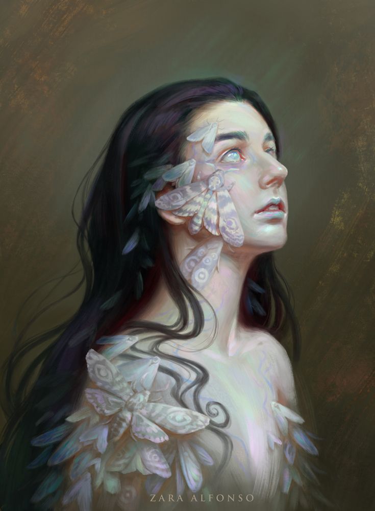 “Stasis” is a portrait painted by the artist Zara Alfonso, and is the first piece in her series about invisible illness. A portrait painting of a girl with skin so pale she’s almost translucent, her lips are tinged blue and she gazes upward through seemingly unseeing eyes. Pale moths and winged insects cover the expanse of her face and body, blending into her skin in places.