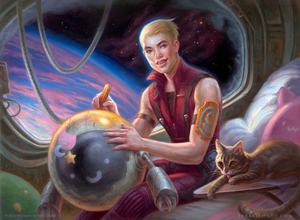 "Sami, Ship's Engineer” is a painting by the artist Zara Alfonso, done for the Magic: The Gathering Edge of Eternities.