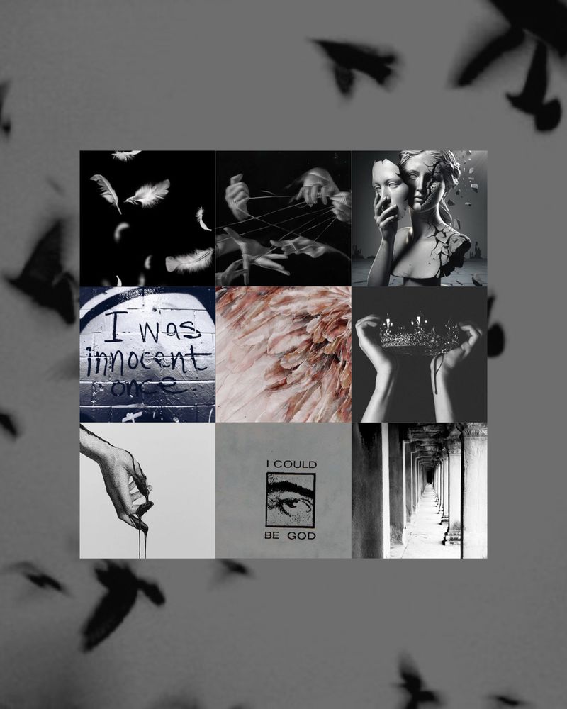 Background: Black birds in flight. Foreground: Falling white wings on a black background. Many hands with puppet strings. Bust of a person removing a perfect m ask to reveal the cracks. "I was innocent Once" written on a brick wall. Bloody wing. Hands holding up a crown. Hand dripping with blood. "I could be God". Hallway of pillars.