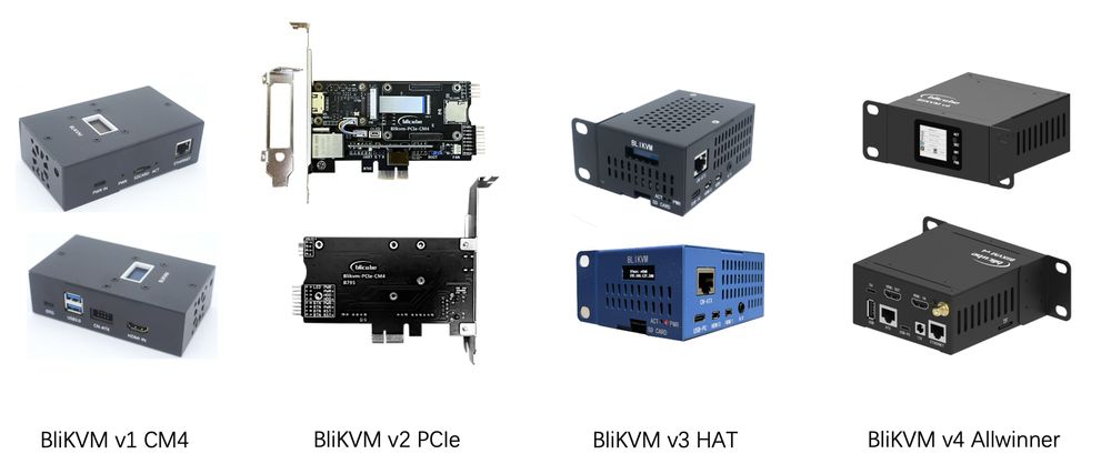A photo showing the four types of BliKVM hardware (v1 CM4, v2 PCIe, v3 Hat, v4 AllWinner)